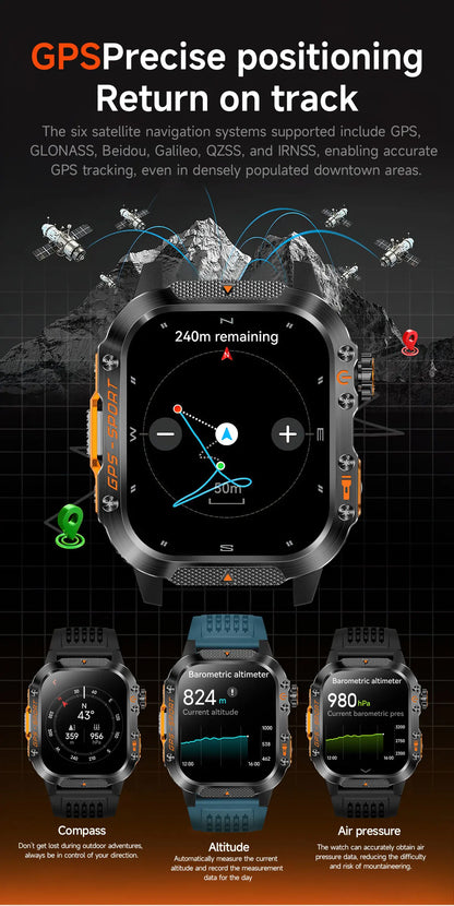 2025New GPS Smart Watch For Xiaomi IOS Military Compass Flashlight Smartwatch Men 10ATM Waterproof 100+Sport Modes BT Call Watch