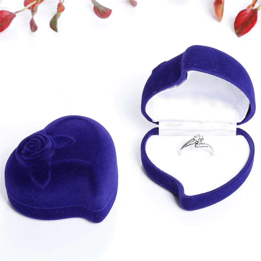 Heart-Shaped Velvet Jewelry Box Rose Flower Valentine'S Day Engagement Proposal Wedding Ring Box Gift Box Jewelry Organizer Case - AMULET RING STORE