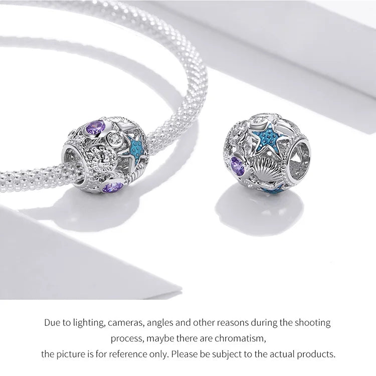 BISAER 925 Sterling Silver Charm Ocean Style Fish Dolphin Mermaid Shell Blue CZ Bead For Necklace&Bracelet DIY Fine Jewelry Gift - AMULET RING STORE