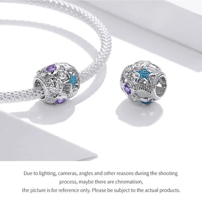 BISAER 925 Sterling Silver Charm Ocean Style Fish Dolphin Mermaid Shell Blue CZ Bead For Necklace&Bracelet DIY Fine Jewelry Gift - AMULET RING STORE