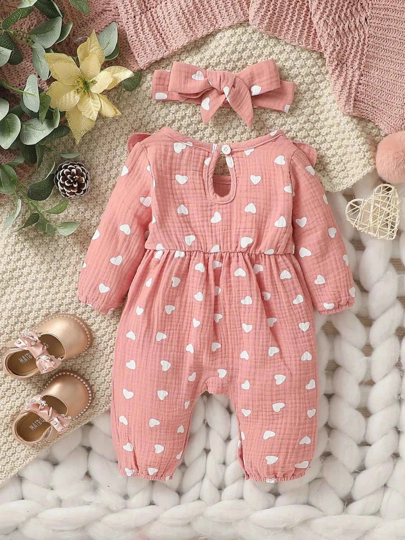 Baby Girls Summer Long Sleeve Printing Love With Bowknot  For Casual Daily Cotton Jumpsuit