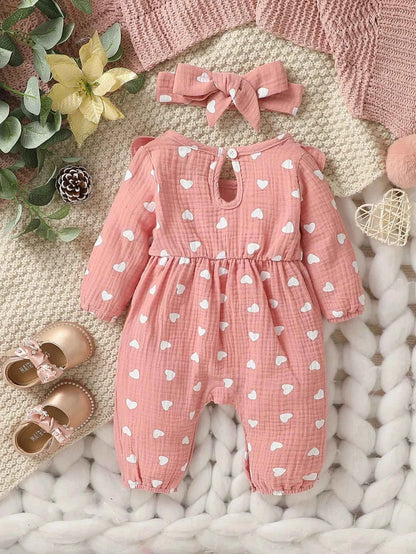 Baby Girls Summer Long Sleeve Printing Love With Bowknot  For Casual Daily Cotton Jumpsuit
