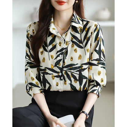 2025 Spring Autumn New Office Lady Blouse Fashion Floral Printed Shirt Turndown Collar Med-Length Long Sleeve Women Tops