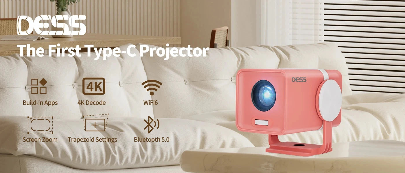 DESS Projector 4K Mini Portable Build-in Apps WIFI6 Mirror SmartPhone For 4K Video Home Cinema Projector Outdoor Rotatable 180°