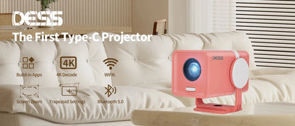 DESS Projector 4K Mini Portable Build-in Apps WIFI6 Mirror SmartPhone For 4K Video Home Cinema Projector Outdoor Rotatable 180°
