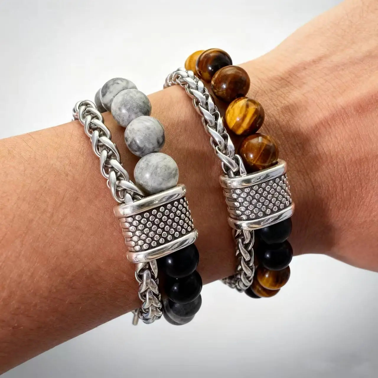 YQ  Stainless Steel Hand Chain Tiger Eye Bead Bracelet For Men Jewelry Rosary Accessories