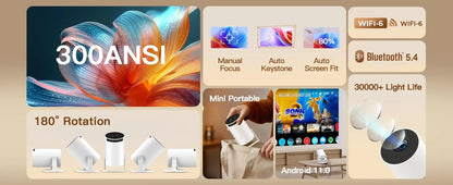 Smart Projector with Wifi and BluetoothPortable 720P 4K Support, Auto Keystone, AirMouse Remote, 180 Degree Rotation