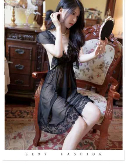 Sexy Sleepwear Women V-neck Nightgown Sexy Nightdress Lace Mesh Pajama Loungewear Summer Dress Nightwear Night Wear