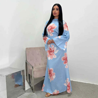Arabesque Bell Sleeve Flowy Maxi Abaya Dress Elegant Floral Print Muslim Modest Long Dress Islamic Vacation Outfit Summer Robe