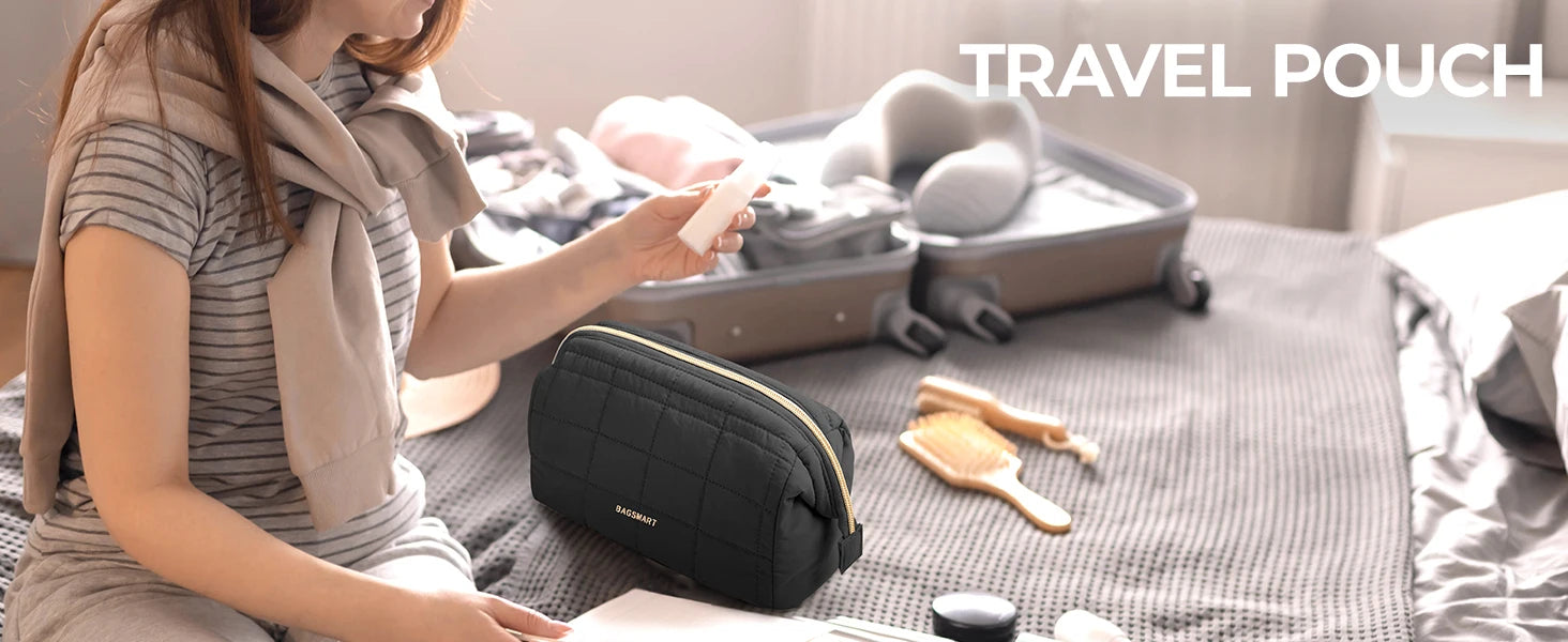 BAGSMART Makeup Bag Puffy Padded Make Up Bags for Women Makeup Organizer Case Wide-open Pouch Toiletry Bag Travel Essentials - AMULET RING STORE