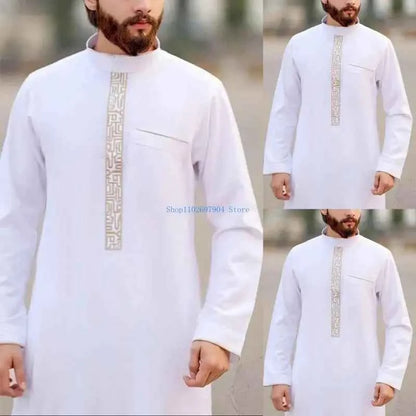 N7YF Mens Robe Muslim Clothes Loose Neck Arab Middle Durable Kaftan Muslim Thobe Dubai Long Sleeve Gown Ethnic Clothes