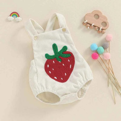 Infant Baby Girl Boy Overalls Rompers Summer Rainbow/Strawberry Embroidery Sleeveless Square Neck Suspender Ribbed Romper - AMULET RING STORE