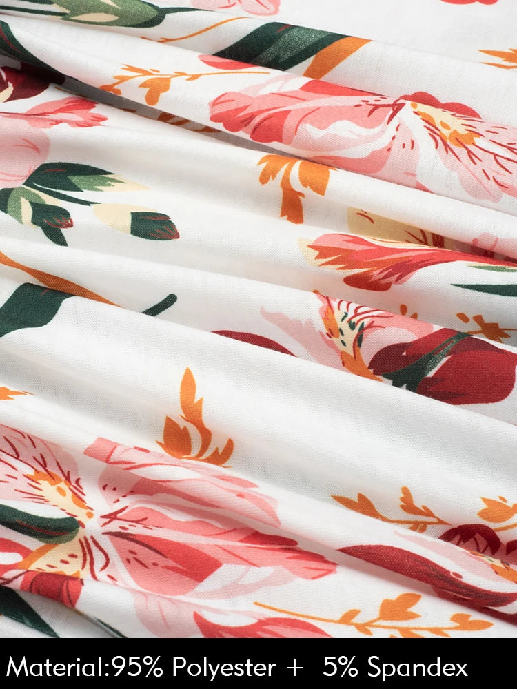 Nice-forever Vintage Elegant Floral Print Pleated Round neck vestidos A-Line Pinup Business Party Women Flare Swing Dress A102