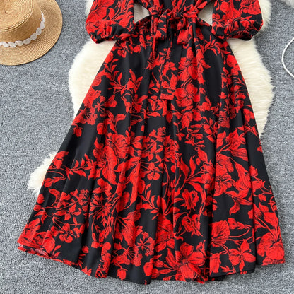 Elegant Boho Floral Print Floral Pleated Maxi Long Dress Female V Neck Puff Sleeve Belt Dresses Women Summer Dress Robe