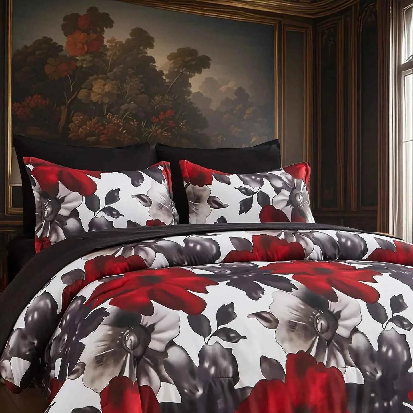 7-Pcs floral print comforter set, soft and comfortable, bedding set, room decoration, suitable for all seasons