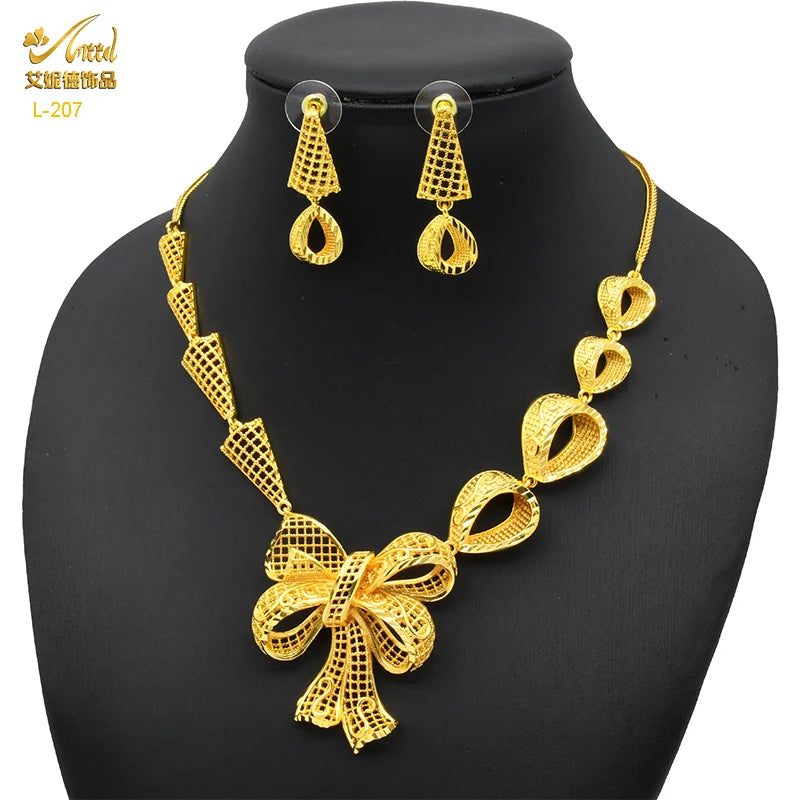 ANIID Africa Luxury Charm Necklace Sets With Tassel for Lady Indian Bridal Nigeria 24k Gold Plated Jewelry Set Party Gifts