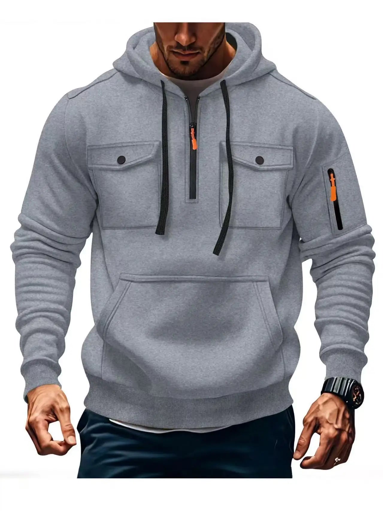 New autumn and winter men's hooded sweatshirt with multiple pockets, long sleeved hooded wool top, men's casual sports jacket