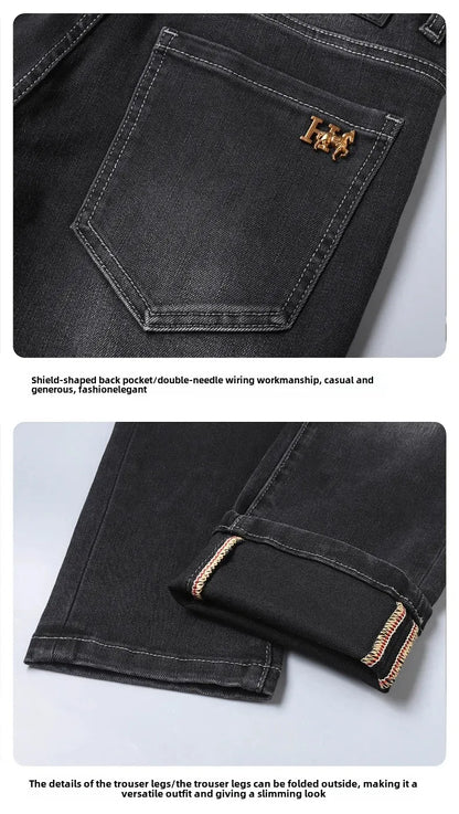 H Home Autumn/Winter Thickened European Style High-End Jeans Men's Trendy Brand Slims Smooths Your Silhouette Small Footed Trend