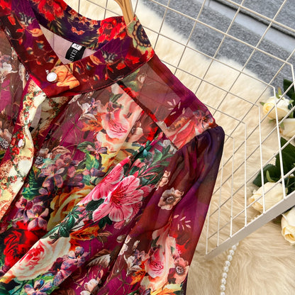 SINGREINY Vintage Print Chiffon Dresses Women Lantern Sleeve O Neck Design Fashion High Quality Court Floral Pleated Long Dress