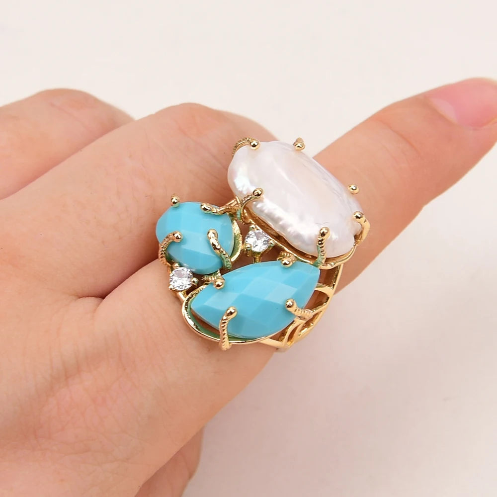 Natural White Pearl Blue Turquoise Stone Rings Adjustable Jewelry Gifts