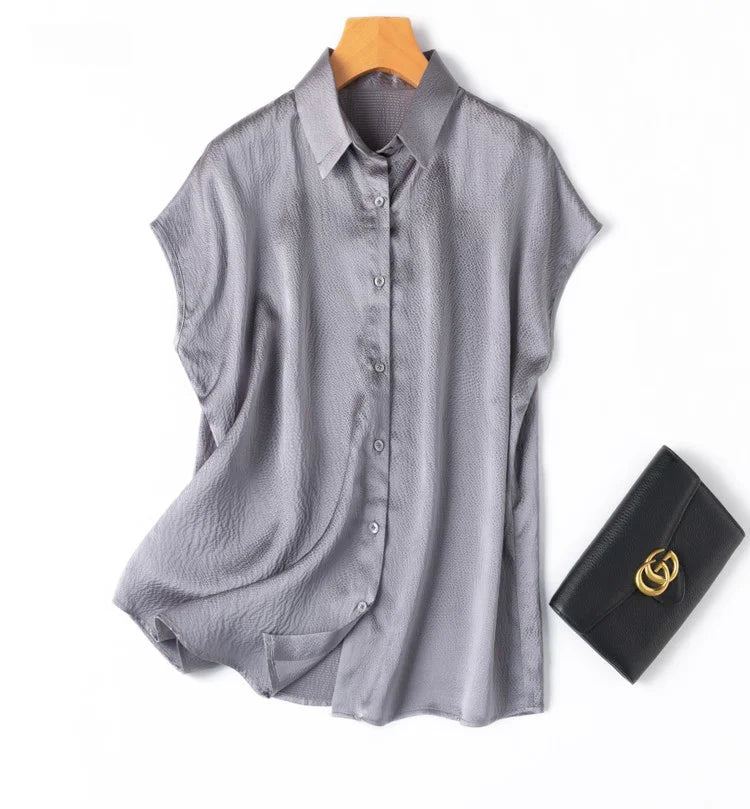 Women 100% Mulberry Silk 20 momme Heavy Silk Peacock Blue Collared Short Sleeve Buttons Down Shirt Top Blouse office work MM567