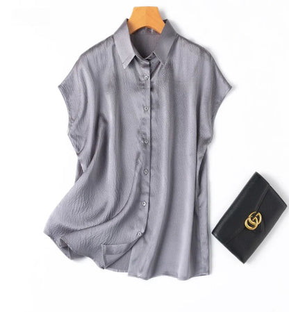 Women 100% Mulberry Silk 20 momme Heavy Silk Peacock Blue Collared Short Sleeve Buttons Down Shirt Top Blouse office work MM567