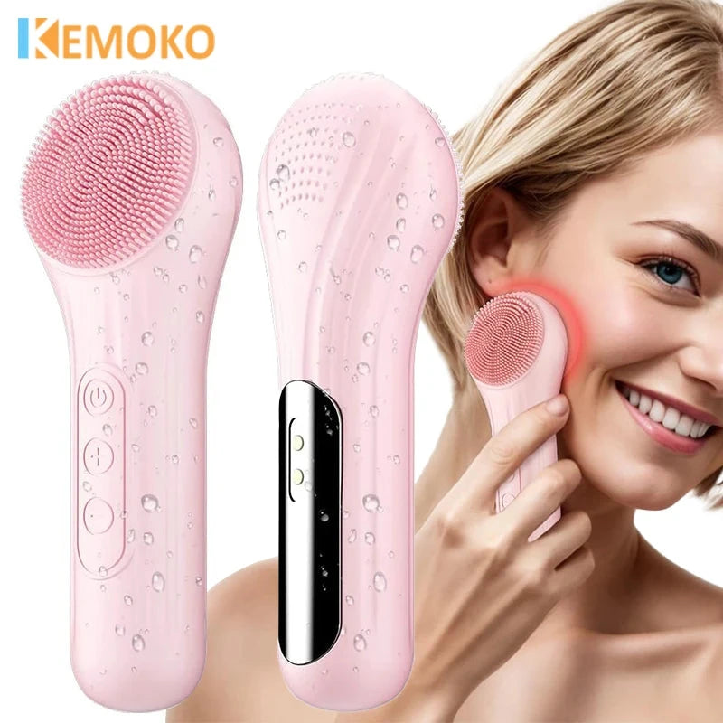 Sonic Facial Cleaning Brush Scrubber Waterproof Exfoliating Vibration Heating Compress Brush Deep Clean Face Cleaner Skin Care