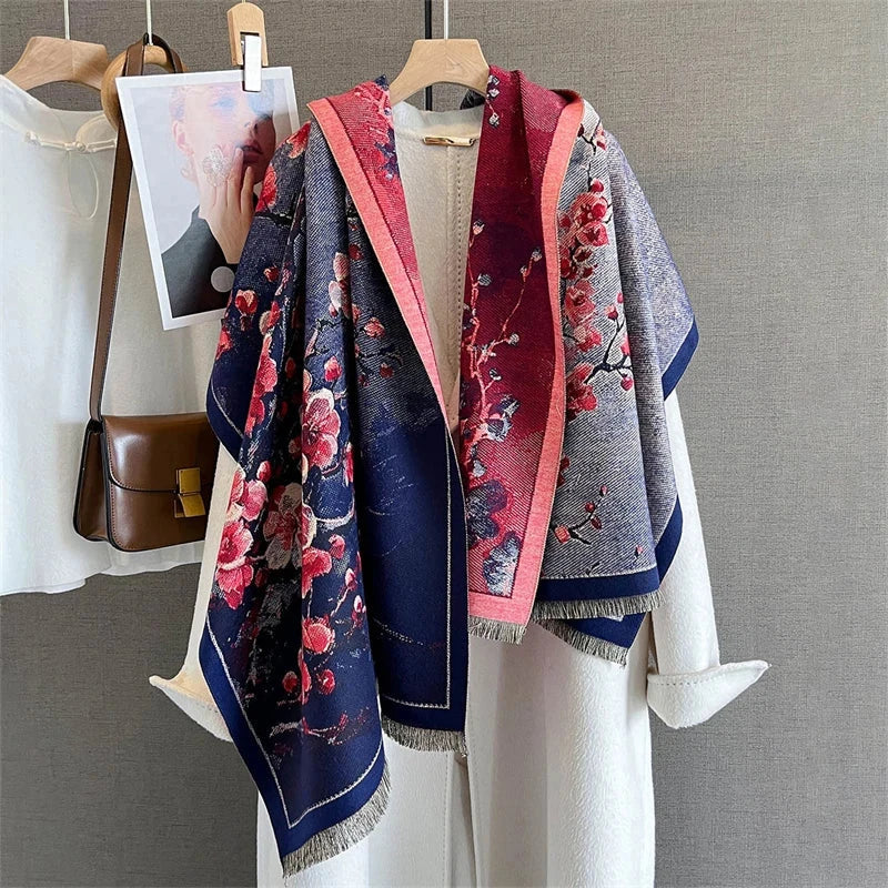 65*190cm Winter Warm Women Scarf Double-Sided Flower Faux Cashmere Scarves Luxury Wrap Shawls High-Quality Pashmina - AMULET RING STORE
