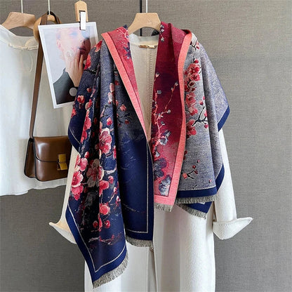 65*190cm Winter Warm Women Scarf Double-Sided Flower Faux Cashmere Scarves Luxury Wrap Shawls High-Quality Pashmina - AMULET RING STORE