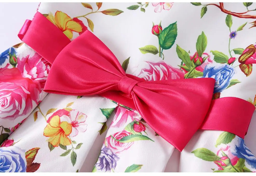 Summer Girls Rose Print Dress Princess Wedding Birthday Party Frocks Satin Children Vestidos Dresses For Girl Christmas Clothing