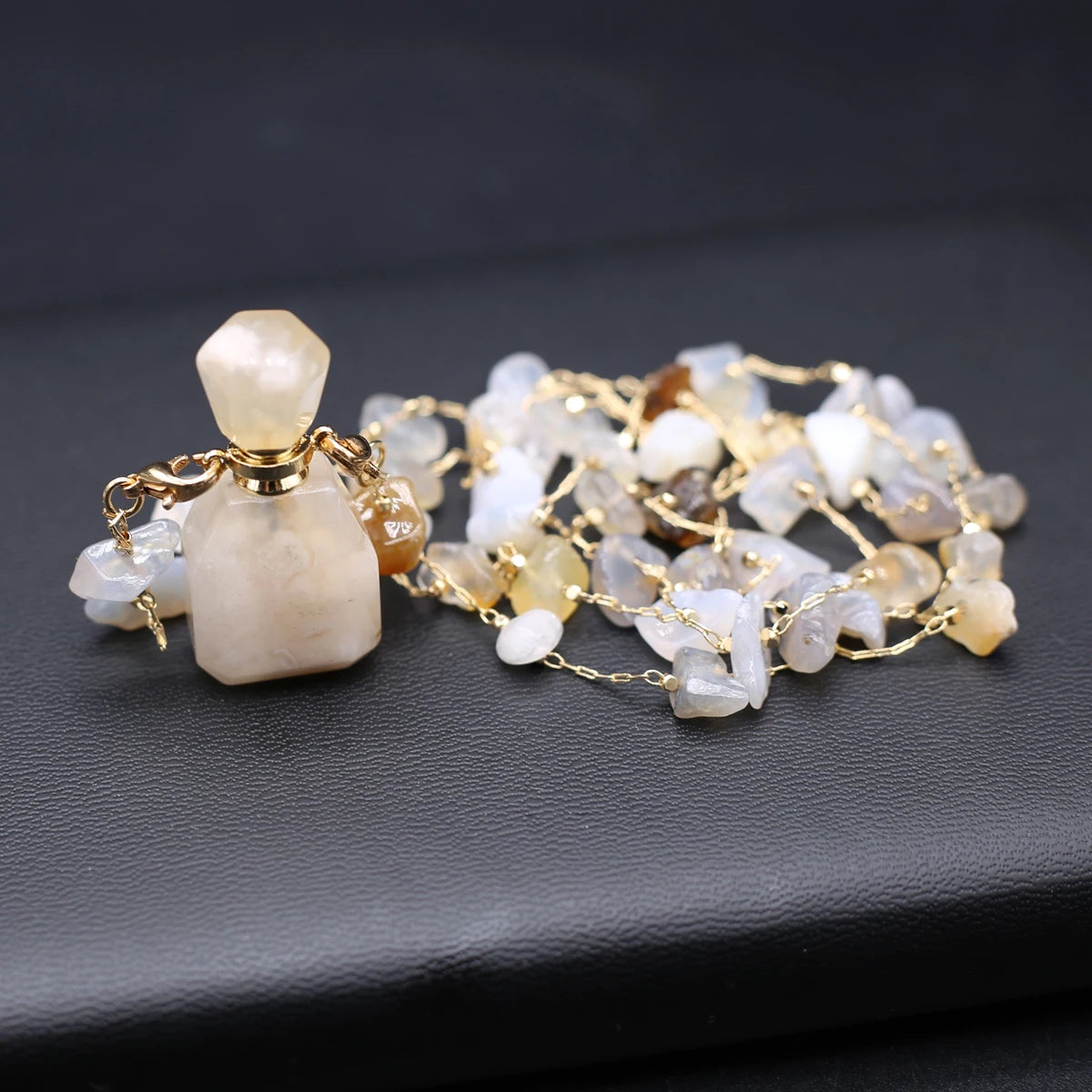 Perfume Bottle Necklace Natural Stone Cherry Blossom Agate Perfume Bottle Pendant For Women Christmas Halloween Gift Chain 80cm - AMULET RING STORE