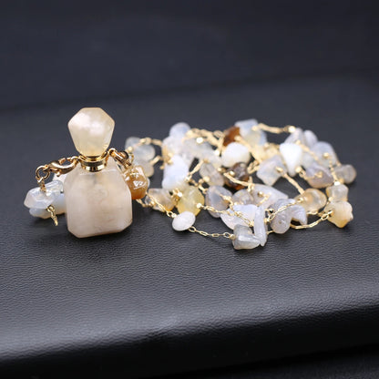 Perfume Bottle Necklace Natural Stone Cherry Blossom Agate Perfume Bottle Pendant For Women Christmas Halloween Gift Chain 80cm - AMULET RING STORE