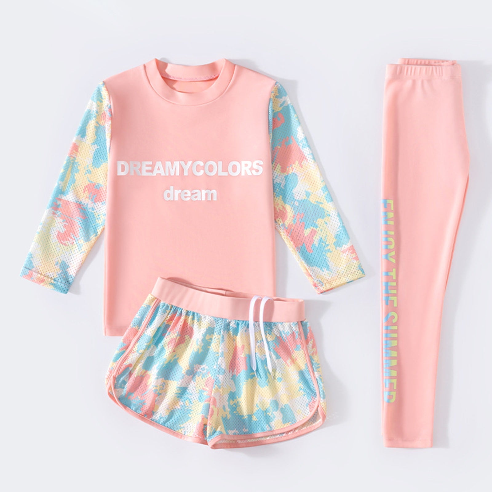 3Pcs Kids Girls Colorful Print Swimsuit Swimwear Long Sleeve Top+Shorts with Pants Set Sun Protection Rash Guard Swimming Outfit - AMULET RING STORE
