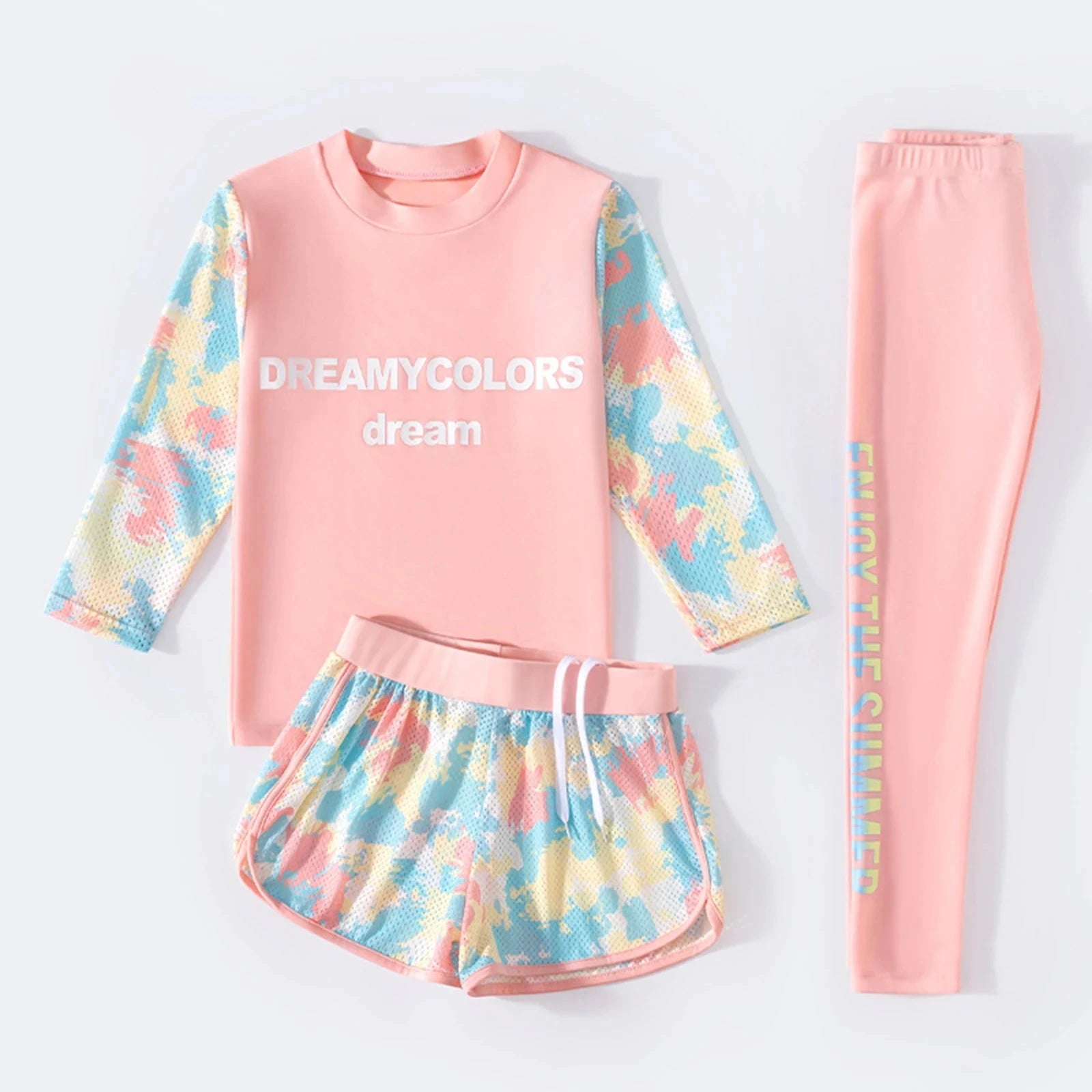 3Pcs Kids Girls Colorful Print Swimsuit Swimwear Long Sleeve Top+Shorts with Pants Set Sun Protection Rash Guard Swimming Outfit - AMULET RING STORE