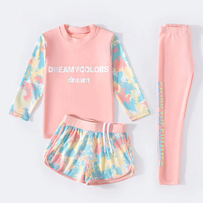 3Pcs Kids Girls Colorful Print Swimsuit Swimwear Long Sleeve Top+Shorts with Pants Set Sun Protection Rash Guard Swimming Outfit - AMULET RING STORE