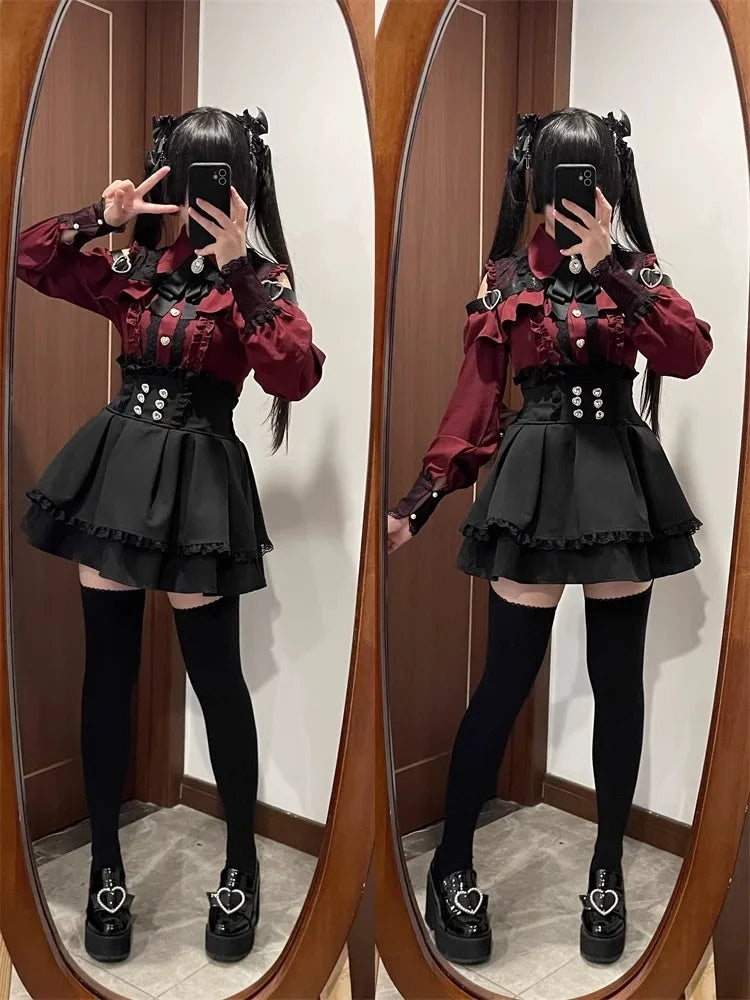Sweet Gothic Lolita Two Piece Set, Off Shoulder Blouse + High Waist Skirt, Kawaii Tri-color Lace Coord Outfit for Women & Teens