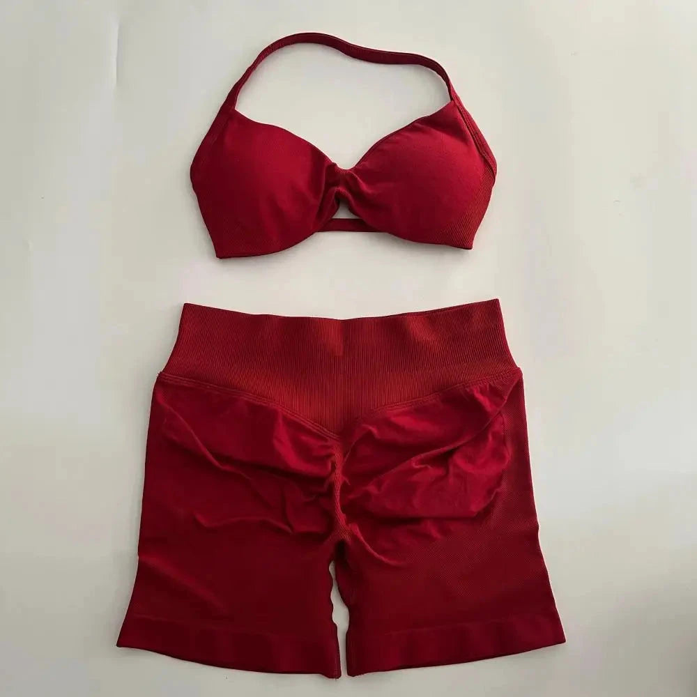 2PCS Yoga Gym Set Women Seamless Strappy Yoga Bra Top High Waist Workout Scrunch Shorts Sports Suit Fitness Clothes Sportswear