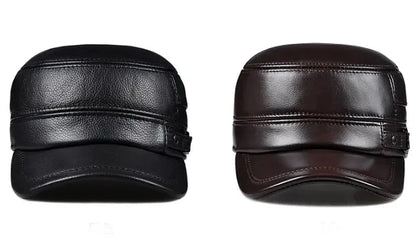 Winter Genuine Leather Cap Men's Flat Caps Military Hat Elegant Man Baseball Cap British Vintage Cowhide Ear Warm Hat - AMULET RING STORE