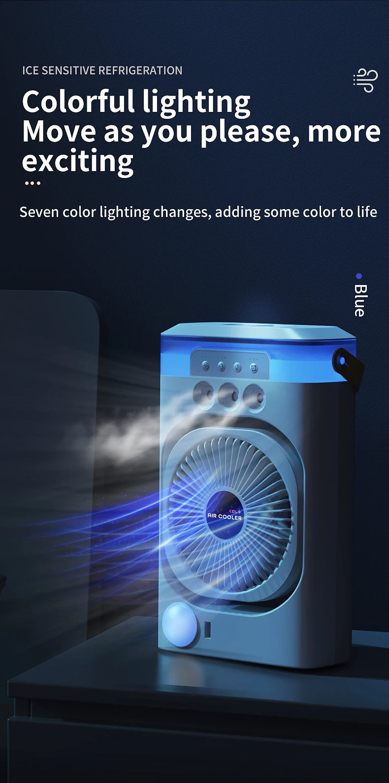 Portable air conditioning fan household 5000 mA desk humidifier small fan office three hole spray fan with color night light