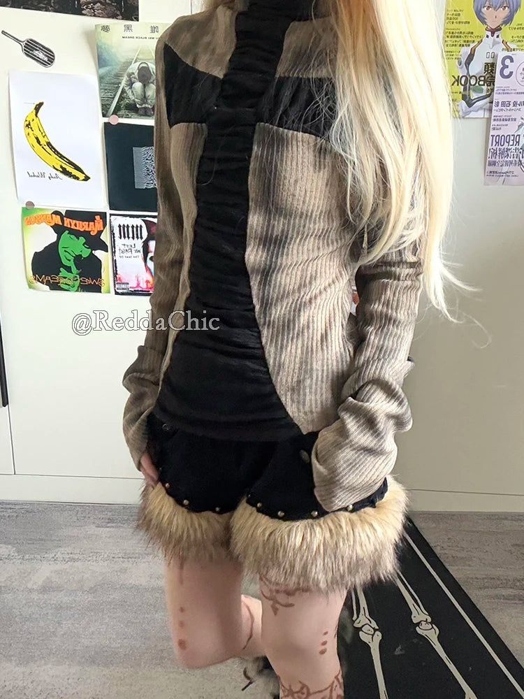 ReddaChic Women's Low Waist Fur Short Pants Retro Black Denim Wide Leg Studded Fuzzy Cargo Shorts Grayu Y2k Harajuku Streetwear