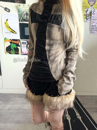ReddaChic Women's Low Waist Fur Short Pants Retro Black Denim Wide Leg Studded Fuzzy Cargo Shorts Grayu Y2k Harajuku Streetwear