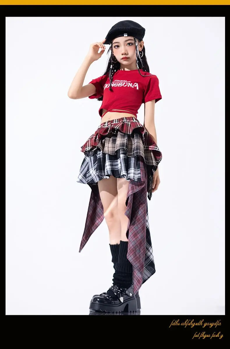 Hip Hop Girls Crop Top Plaid Street Dance Skirt Kids Ribbon Pleated Skirts Teens Jazz Cool Costumes Child Streetwear Clothes Set