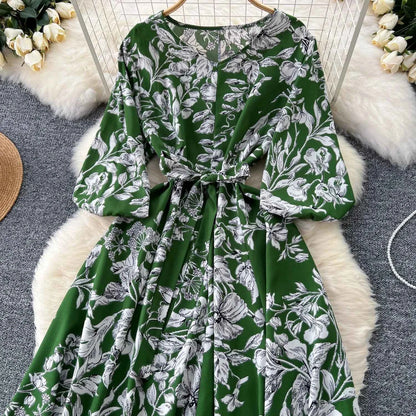 Elegant Boho Floral Print Floral Pleated Maxi Long Dress Female V Neck Puff Sleeve Belt Dresses Women Summer Dress Robe