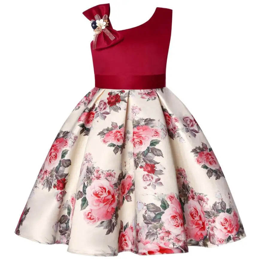 Summer Girls Rose Print Dress Princess Wedding Birthday Party Frocks Satin Children Vestidos Dresses For Girl Christmas Clothing