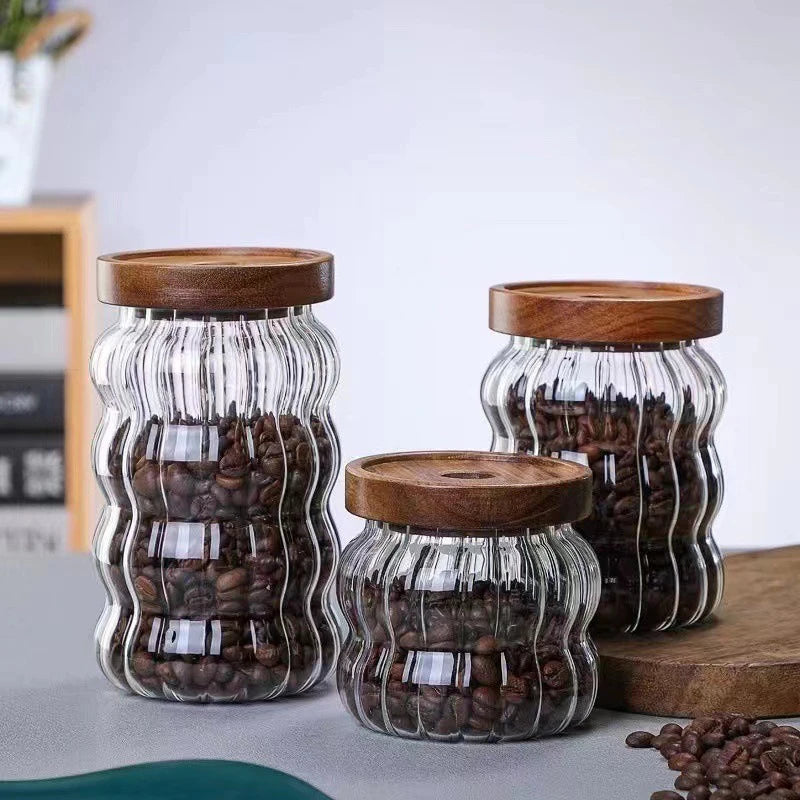 Wood Lid Striped Glass Storage Bottles Sealed Jar Tea Coffee Beans Grains Candy Jars Organizer Kitchen Food Glass Containers - AMULET RING STORE