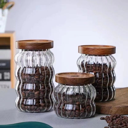 Wood Lid Striped Glass Storage Bottles Sealed Jar Tea Coffee Beans Grains Candy Jars Organizer Kitchen Food Glass Containers - AMULET RING STORE