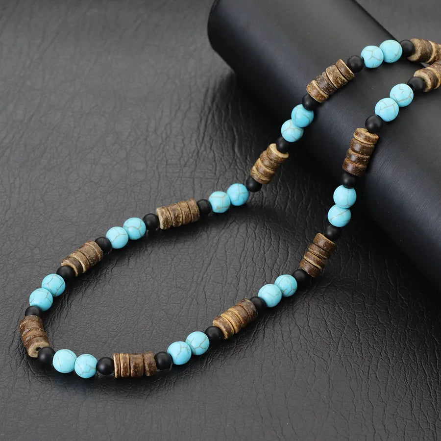 Natural Coconut Husk Wooden Necklace For Men 18 Inches Short Collar Volcanic Rock Tiger Eyes Stone Colar Jewelry Gift For Him