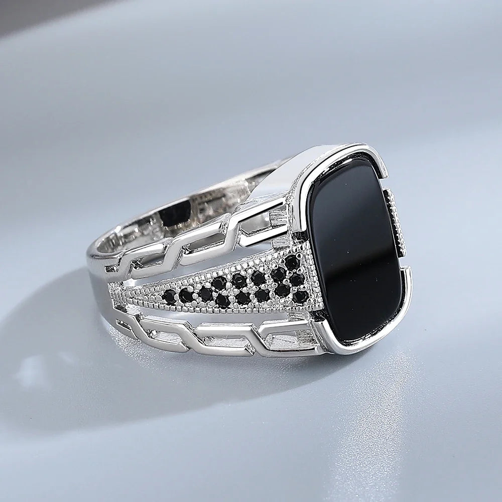 925 Sterling Silver Jewelry Ring Natural 10*14mm Big Black Agate Stone Vintage Ring For Women Party Gifts