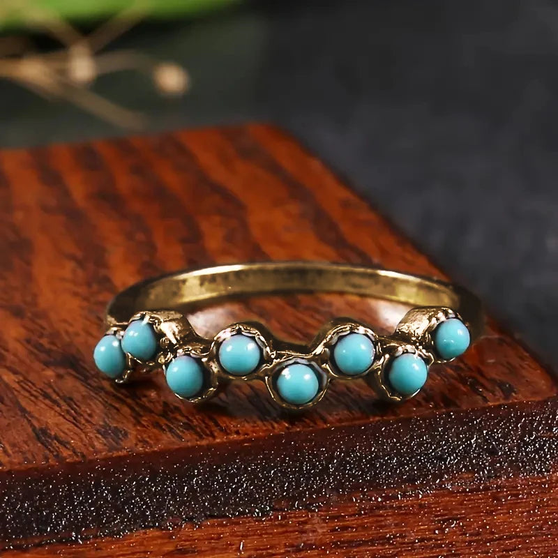 Huitan Imitation Turquoise Finger Ring for Women Boho Style Daily Wear Chic Accessories Fancy Anniversary Gift Hot Sale Jewelry - AMULET RING STORE