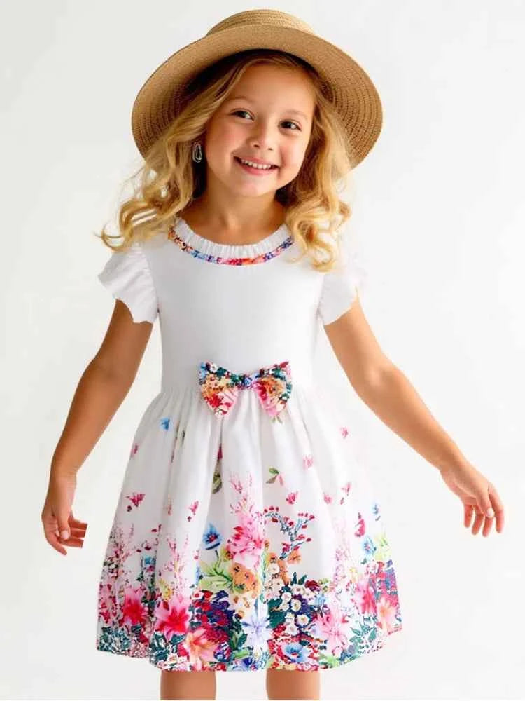 New Kids Girl Dress Summer Floral with Bow Fashion White Vestidos Short Sleeve Children Clothing Outfits Casual Printed  Dresses